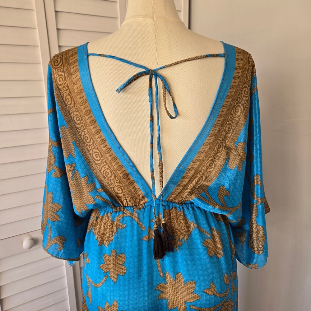 Luz Blue Tan Silk Boho Maxi Kaftan Dress OS Deep V-neck Indie Resort Luxe Hippie - Picture 6 of 9